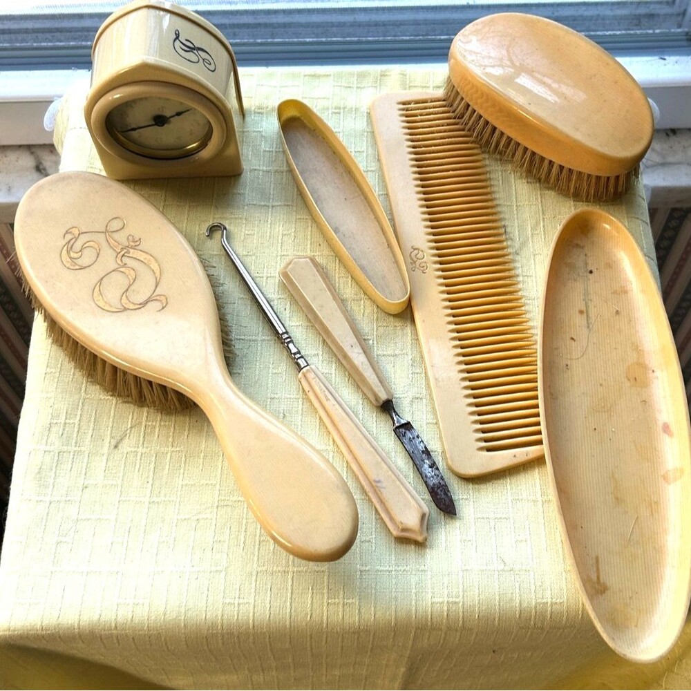8 Pc Antique French Ivory Celluloid Dresser Set With Clock And More Art Deco 30s